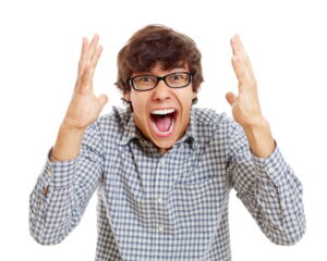 Happy screaming latin teenager in black glasses. Isolated on white background, mask included