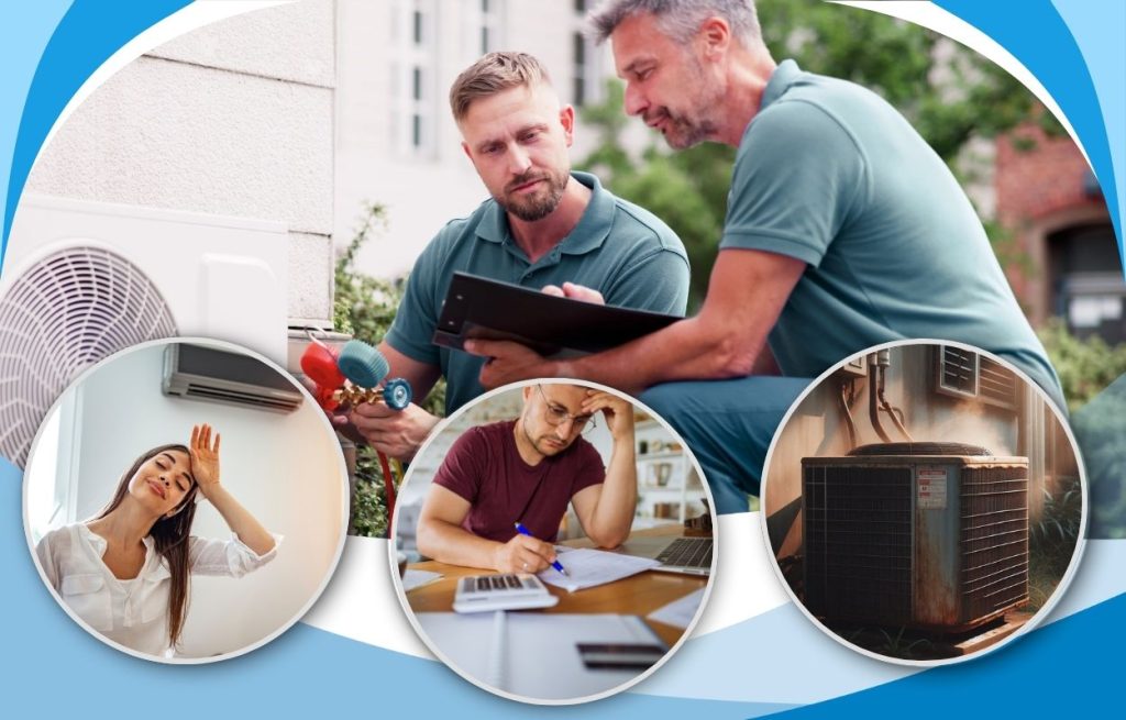 This is an image of two HVAC technicians servicing an AC unit overlay on top is a woman obviously sweating homeowner going over high bills and an old air-conditioning unit