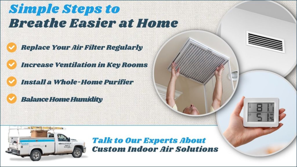This is an image of an HVAC technician changing a filter another image of a air ventilation vent another image of a humidity meter. The headline read, simple steps to breathe easier at home.