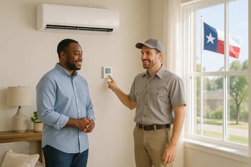 Homeowner and technician adjusting thermostat next to central AC in living room