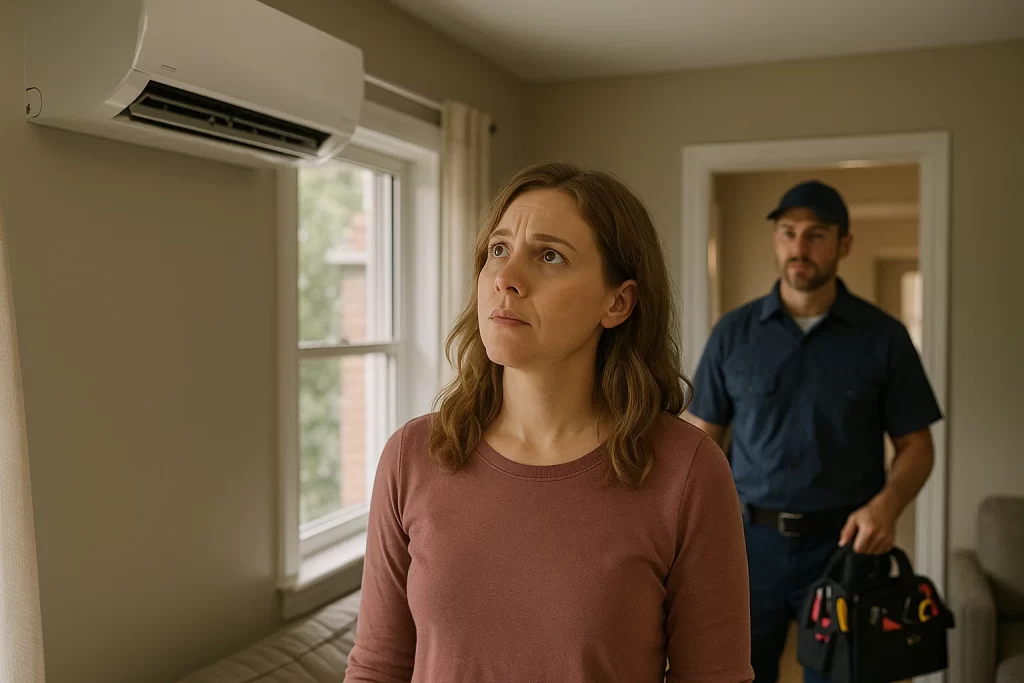 Homeowner checking noisy AC unit before technician arrives for inspection