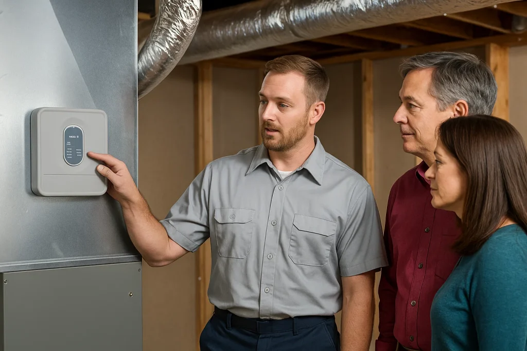 Technician explains multi-zone thermostat to homeowners in living room