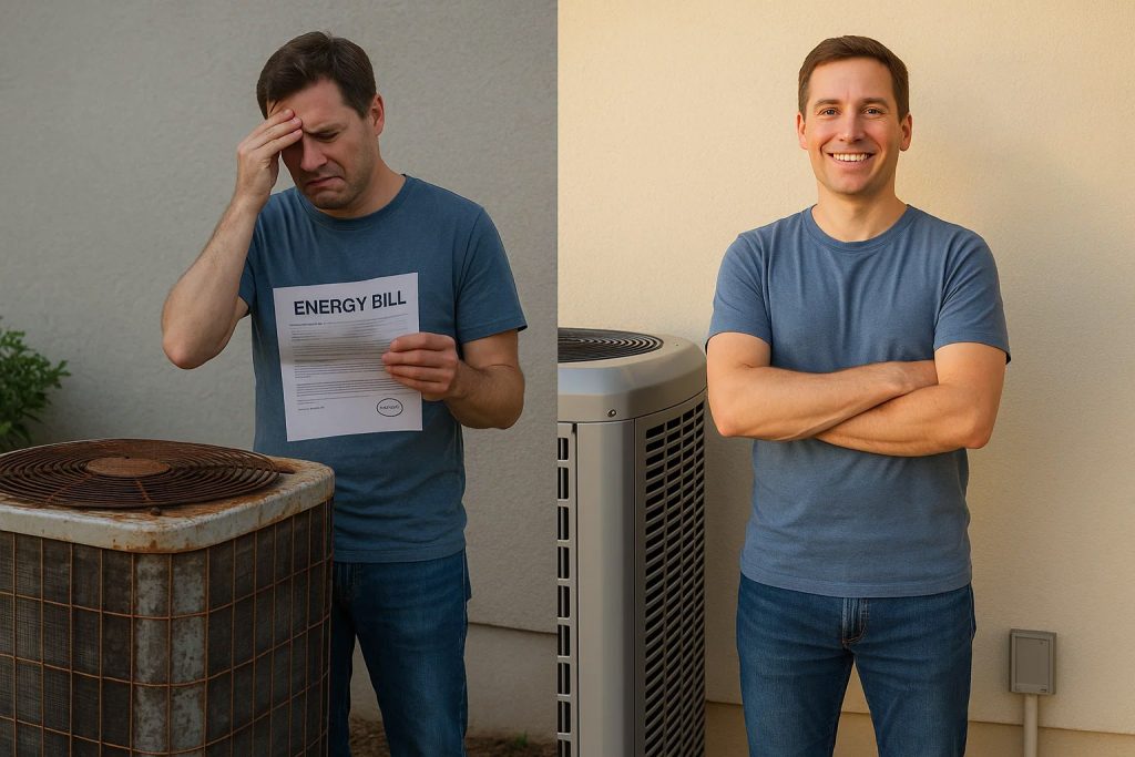 Split-scene showing stressed homeowner with old AC and happy homeowner with new unit