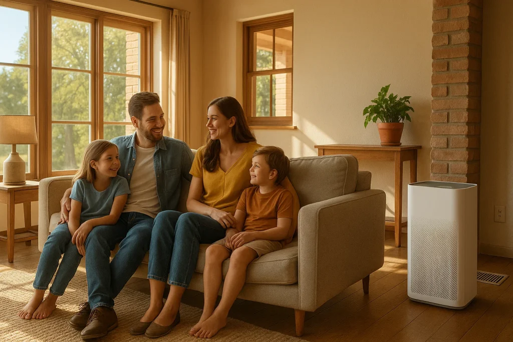 Family relaxing in living room with whole-house air purifier running quietly