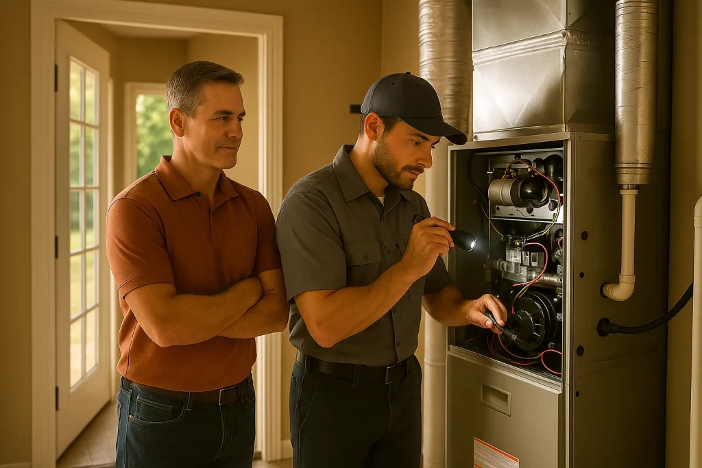 HVAC and homeowner looking at a furnace
