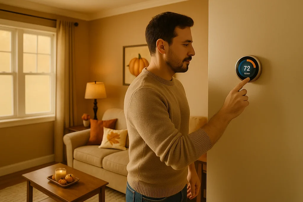 Homeowner adjusting smart thermostat to heating mode in fall living room