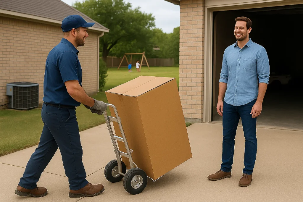 Technician installs modern heat pump with homeowner