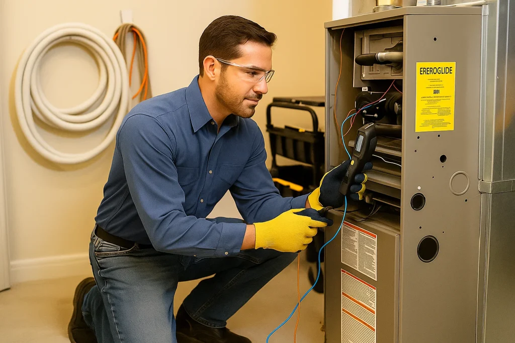 Don’s AC Service technician inspecting a furnace with digital tools during a fall maintenance check in Corpus Christi.