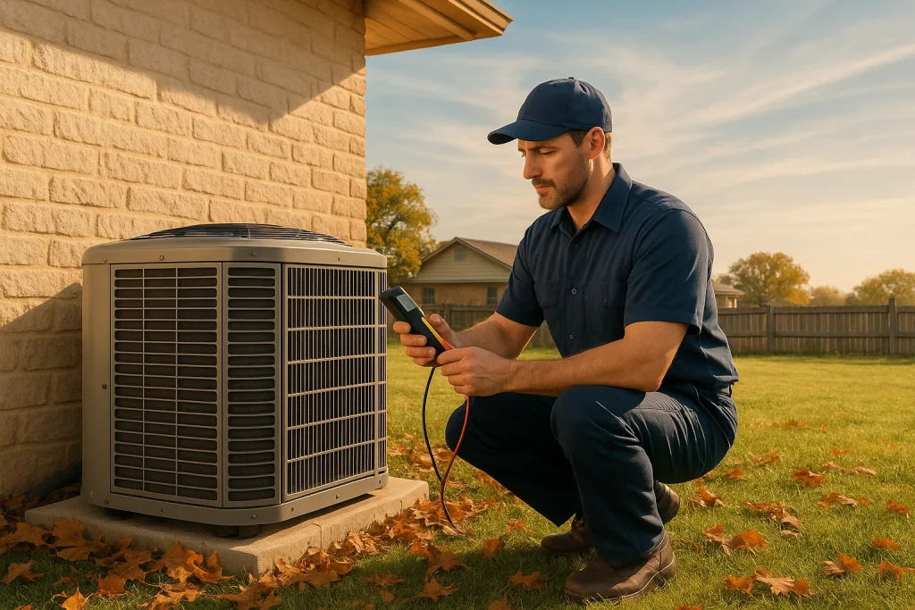 HVAC technician servicing AC unit on warm November day in Paradise, TX