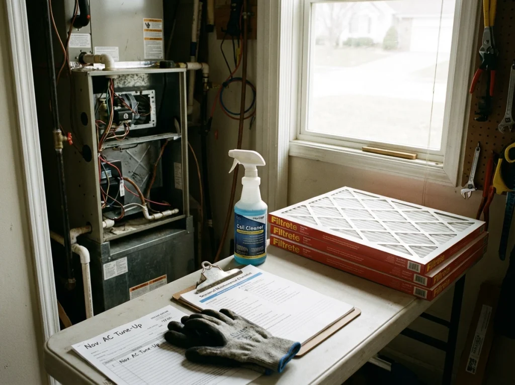 HVAC maintenance tools and checklist next to open air handler for seasonal AC service.